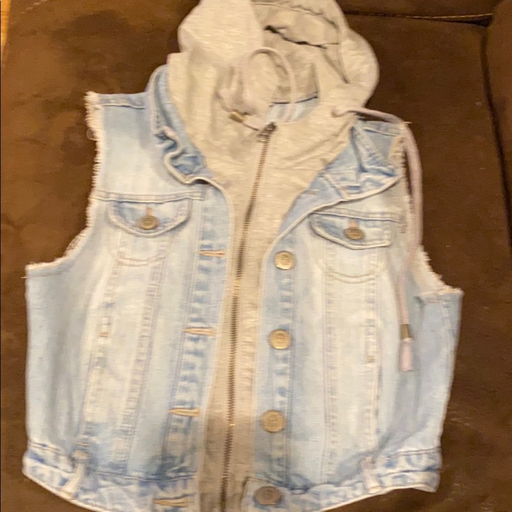 Juniors small jean jacket vest hoodie
